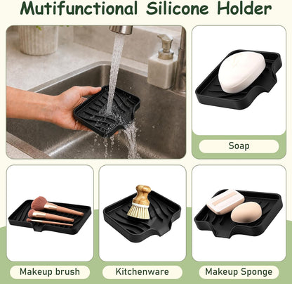 Silicone Soap Dish with Drain Spouts, Bar Soap Holder, Self-Draining Sink Organizer Kitchen Sponge Tray, Non-Slip Dispensers for Bathroom, Kitchen (Grey, 2 Short)
