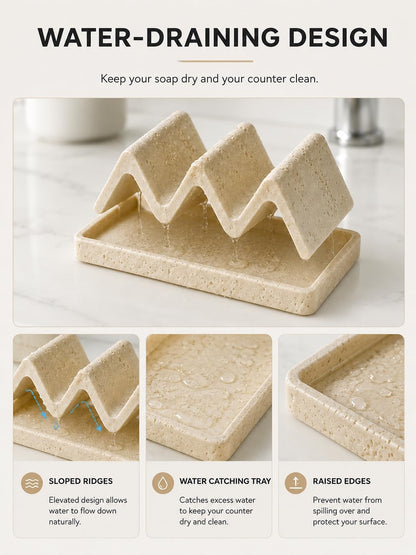 Faux Travertine Soap Dish, Quick-Dry Beige with Removable Drip Tray