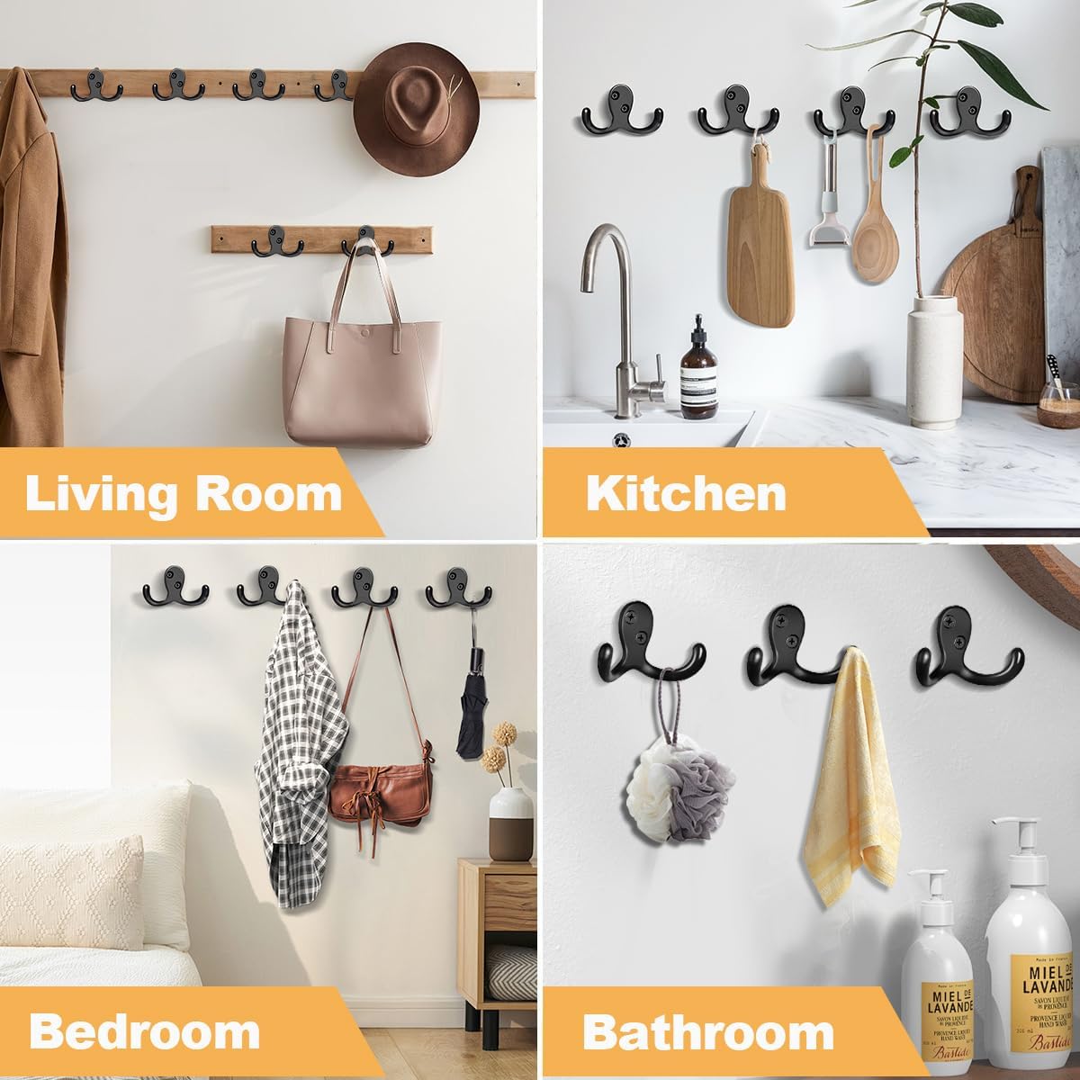 CBWLWJ 10 Pack Coat Hooks Wall Hooks for Hanging, Heavy Duty Double Prong Metal Hook Wall Mounted for Living Room, Bathroom, Kitchen, Bedroom for Coat, Bag, Scarf, Towel, Hat, Key, Cup (Black)