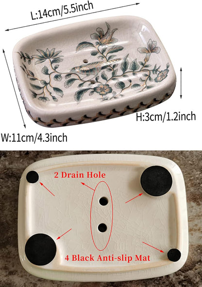 Kelake Ceramic Soap Dish, Ice Crack Ceramic Bird and Flower Pattern Soap Dish Holder for Bathroom, Creative Porcelain Shower Soap Tray Box Bath Accessories with Two Drain Holes