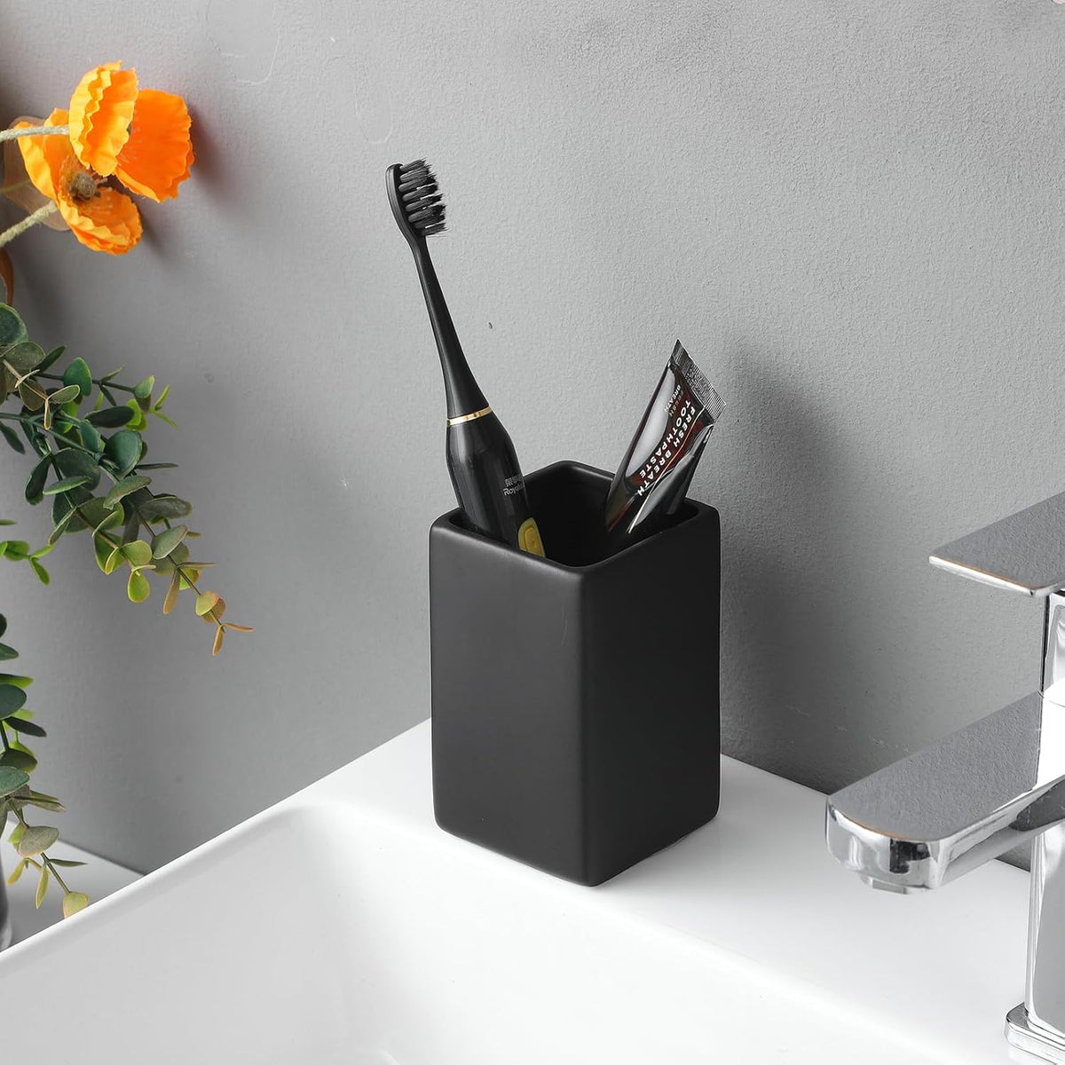 Ceramic Black Square Toothbrush Holder for Bathrooms - 1 Cup Square Toothbrush Toothpaste Holders, Bathroom Tumbler Cup Reusable Toothbrush Mouthwash Cup, Bathroom Counter Organizer.