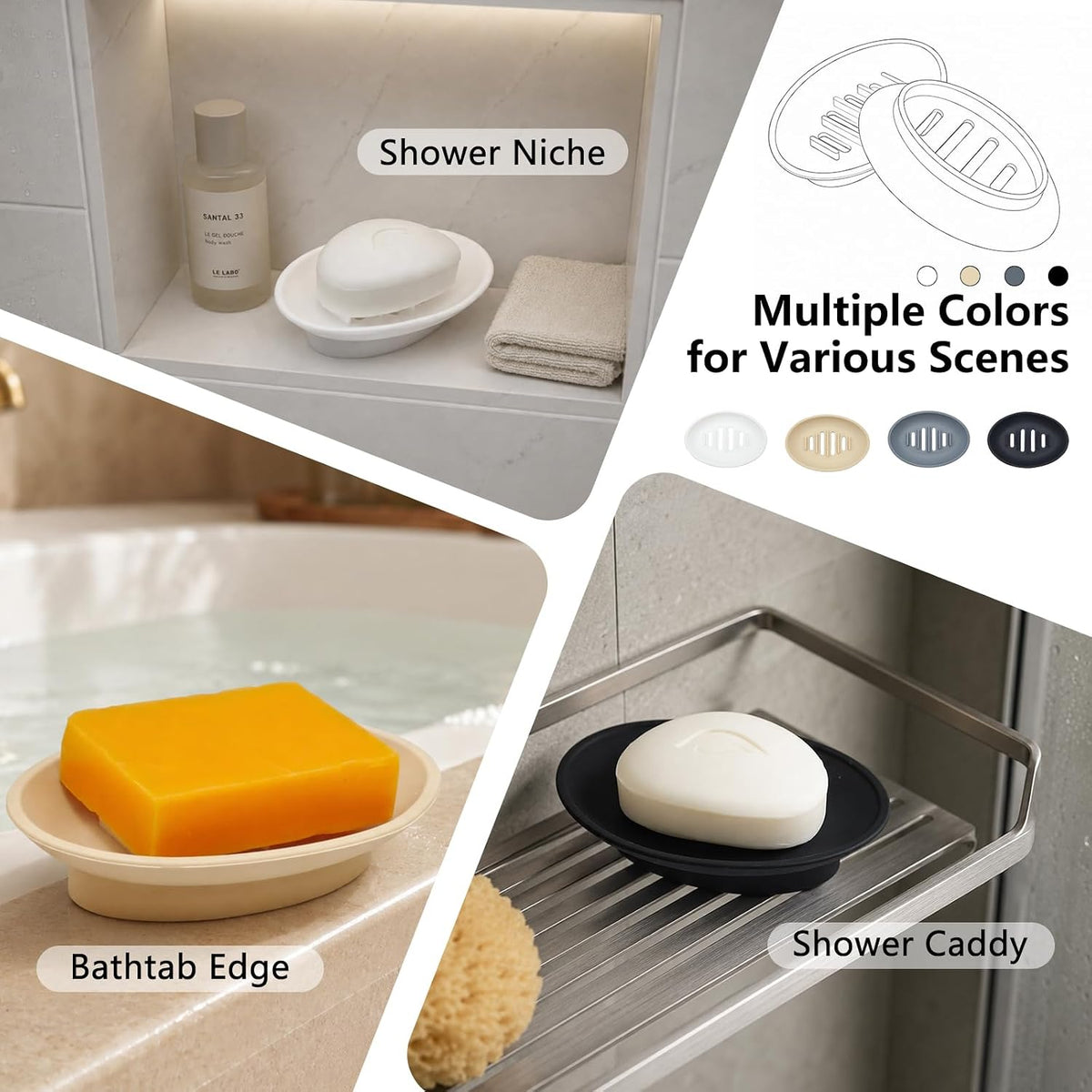 2 Pack Silicone Bar Soap Holder for Shower, Self-Draining Black Soap Dish Tray for Bathroom Sink, Kitchen Counter, Shower Niche/Shelf, Bathtub, Easy Cleaning Simple Oval Soap Saver Stand