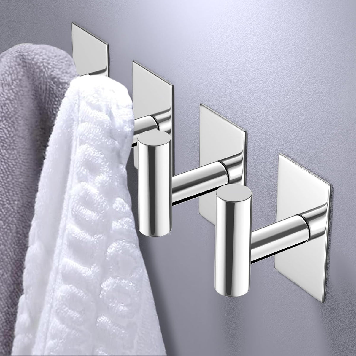 VAEHOLD Wall Towel Hooks, Heavy Duty Sticky Holder Waterproof Towel Hooks for Hanging Coat, Clothes, Closet Hook Wall Mount for Kitchen (Chrome, 2 Pack)