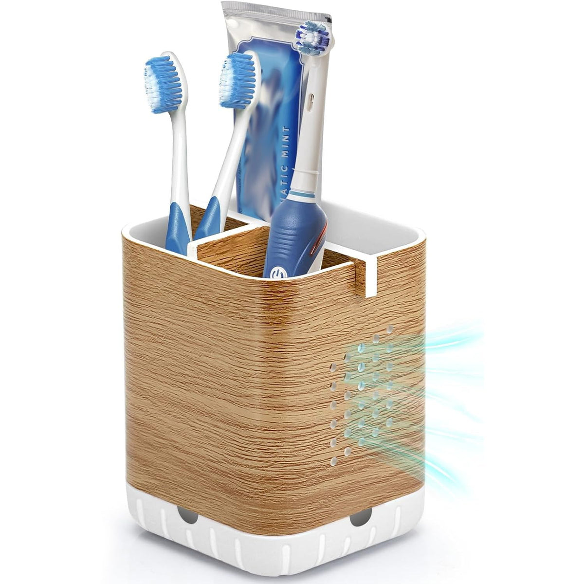Boperzi Toothbrush and Toothpaste Holder with Bamboo Divider for Bathroom Countertop Organizer, Plastic Detachable Anti-Slip Large Electric Toothbrush Holders Storage Caddy Drainage for Family, Kids