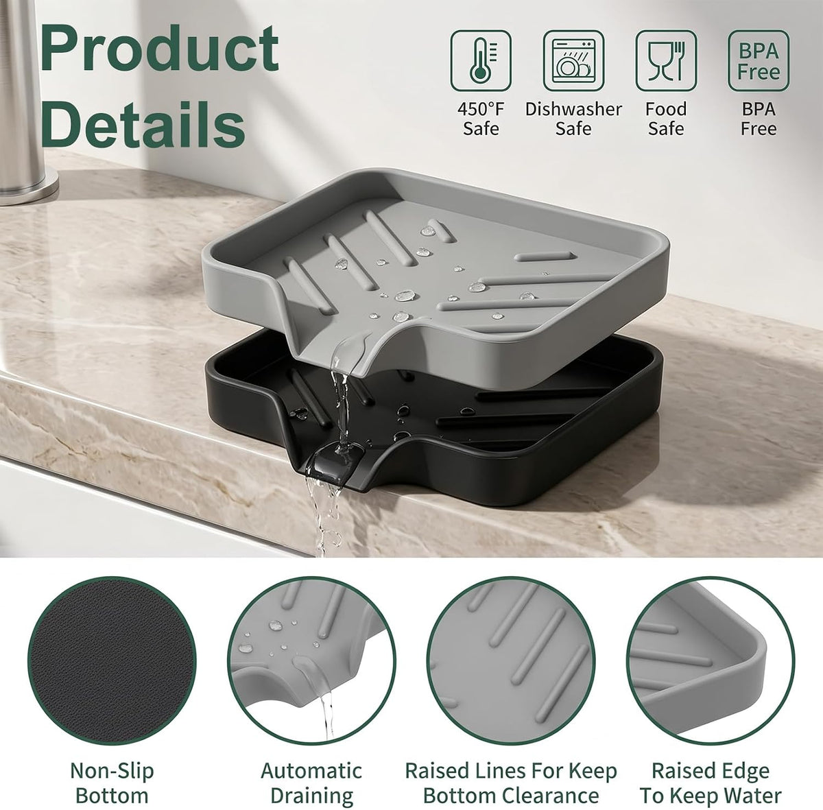 2 Pack Sponge Holder for Kitchen Sink, Silicone Soap Dish with Drain