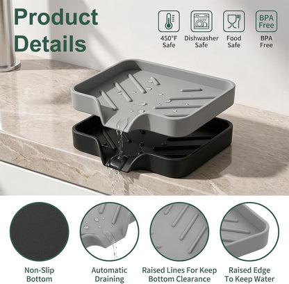 2 Pack Sponge Holder for Kitchen Sink, Silicone Soap Dish with Drain