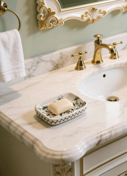 Kelake Ceramic Soap Dish, Ice Crack Ceramic Bird and Flower Pattern Soap Dish Holder for Bathroom, Creative Porcelain Shower Soap Tray Box Bath Accessories with Two Drain Holes