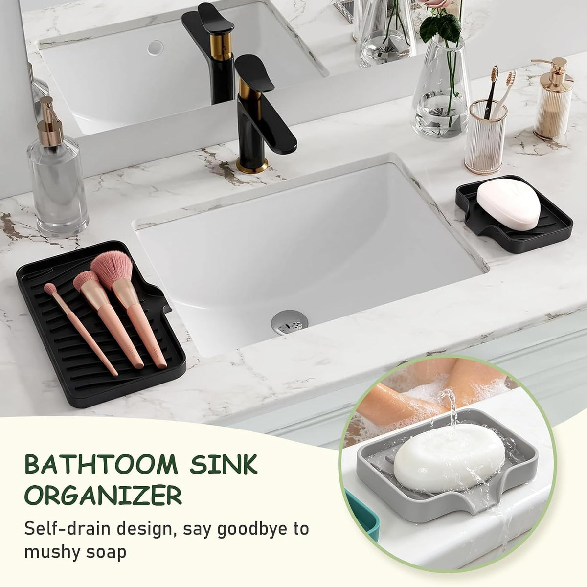 Silicone Soap Dish with Drain Spouts, Bar Soap Holder, Self-Draining Sink Organizer Kitchen Sponge Tray, Non-Slip Dispensers for Bathroom, Kitchen (Grey, 2 Short)