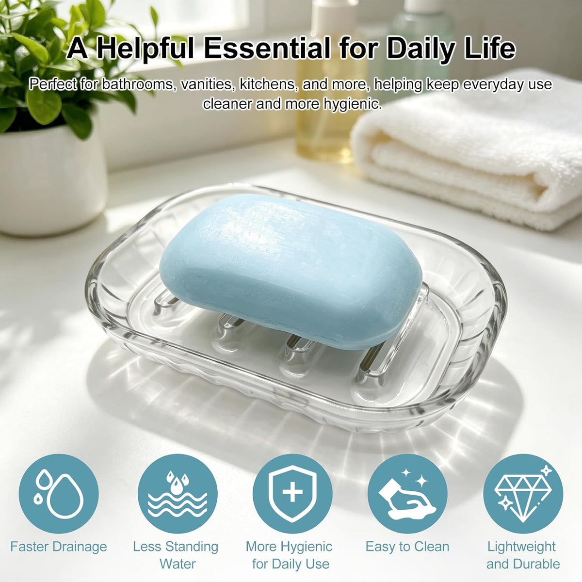 2 Pack Clear Soap Dish Holder for Bar Soap, Bathroom and Shower Soap Tray, Kitchen Sink Soap Saver Dish, Fits Most Soaps