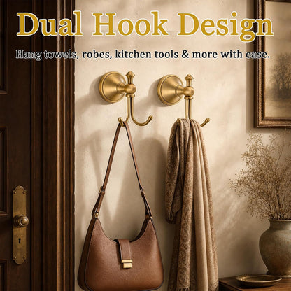 2 Pack Antique Gold Brass Wall-Mounted Bathroom Hooks for Towels and Robes