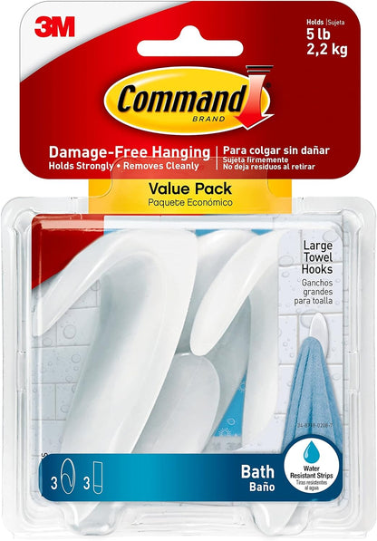 Command Large White Bath Hooks, 3 Hooks, 3 Strips