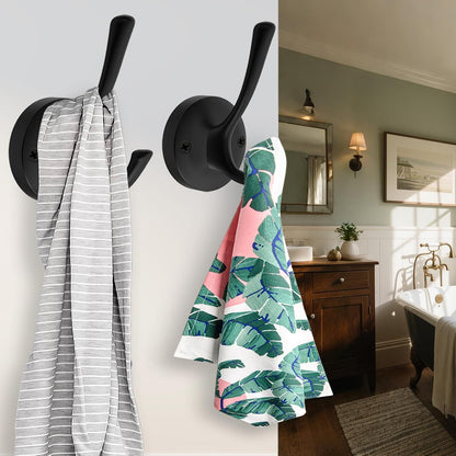TOFIIGREM Black Towel Hooks, 2 Pack Coat Robe Hook Heavy Duty Metal Double Bathrobe Hook Wall Mounted, Hand Towels Hooks for Cubicle Bathroom Kitchen Closet Garage