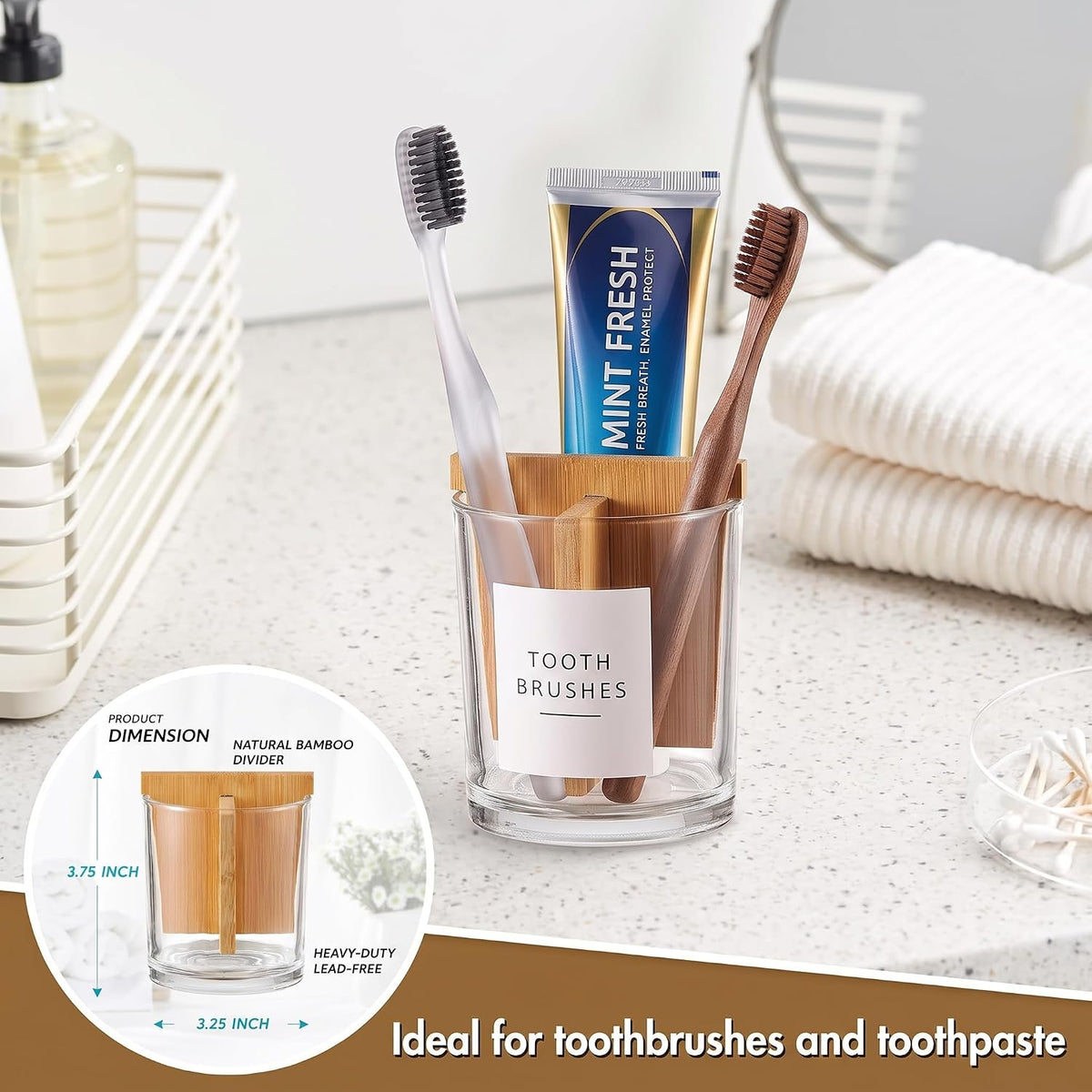 Glass Toothbrush and Toothpaste Holder with Bamboo Divider for Bathroom Countertop, Toothbrush Organizer Stand for Bathroom Vanity Countertops - 1 Pack